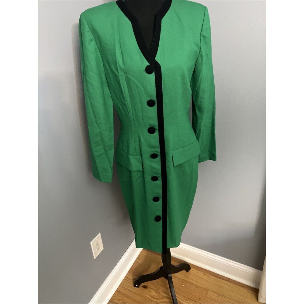 Ann Tjian︱ for Kenar Dress︱Size Large︱Wool︱Rayon︱Green & Black︱Office︱Vintage